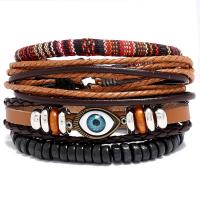 PU Leather Cord Bracelets, with Linen & Wood & Zinc Alloy, plated, 4 pieces & fashion jewelry & woven pattern, mixed colors, 17-18CM 