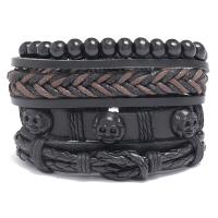 PU Leather Cord Bracelets, with Wax Cord & Wood & Zinc Alloy, gun black plated, 4 pieces & fashion jewelry & woven pattern, mixed colors, 17-18CM 