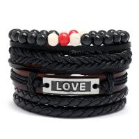 PU Leather Cord Bracelets, with Linen & Wax Cord & Wood & Zinc Alloy, plated, 4 pieces & fashion jewelry & woven pattern, mixed colors, 17-18CM 