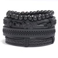 PU Leather Cord Bracelets, with Wax Cord & Wood & Zinc Alloy, gun black plated, 4 pieces & fashion jewelry & woven pattern, black, 17-18CM 