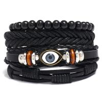 PU Leather Cord Bracelets, with Wax Cord & Wood & Zinc Alloy, plated, 4 pieces & fashion jewelry & woven pattern, mixed colors, 17-18CM 