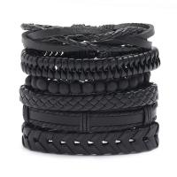 PU Leather Cord Bracelets, with Linen & Wax Cord & Wood, 6 pieces & fashion jewelry & woven pattern, black, 17-18CM 