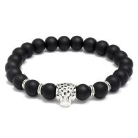 Glass Jewelry Beads Bracelets, Glass Beads, with Zinc Alloy, Leopard, silver color plated, fashion jewelry, black, 8mm cm 