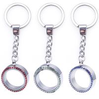 Floating Locket Key Chain, Zinc Alloy, with Glass, Round, silver color plated, Unisex & with rhinestone 30mm 