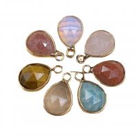 Gemstone Brass Pendants, Natural Stone, with Brass, Teardrop, gold color plated, random style & Unisex & faceted, mixed colors 