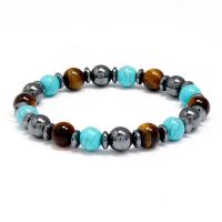 Gemstone Bracelets, Tiger Eye, with Glass Beads & turquoise, Round, polished, fashion jewelry, mixed colors, 8mm cm 