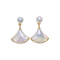 Sterling Silver Pearl Drop Earring, Freshwater Pearl, with 925 Sterling Silver, sterling silver post pin, Fan, gold color plated, for woman, white, 5-6mm 