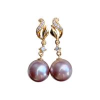 Sterling Silver Pearl Drop Earring, Freshwater Pearl, with 925 Sterling Silver, sterling silver post pin, Round, gold color plated, micro pave cubic zirconia & for woman, purple, 11-12mm 