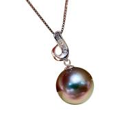 Perles de Tahiti collier, avec or 18K, Rond, Placage de couleur argentée, pour femme, noire, 11-12mm Environ 15.75 pouce, Vendu par PC