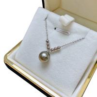 Sterling Silber Perlenkette, Tahiti Perlen, mit 925er Sterling Silber, rund, silberfarben plattiert, für Frau, schwarz, 9-10mm, Länge:ca. 15.75 ZollInch, verkauft von PC