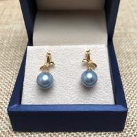 Akoya Cultured Pearls Drop Earring, with 18K Gold, 18K gold post pin, Round, gold color plated, for woman, blue, 8.5-9mm 