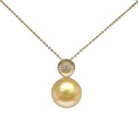 South Sea Shell Sweater Chain Necklace, Golden South Sea Pearl, with 18K Gold, Round, gold color plated, micro pave cubic zirconia & for woman, 13-14mm Approx 15.75 Inch 