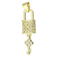 Cubic Zirconia Micro Pave Brass Pendant, Lock and Key, gold color plated, micro pave cubic zirconia, 32mm Approx 3mm 