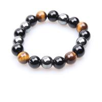 Gemstone Bracelets, Tiger Eye, with Magnet & Black Agate, polished, Unisex & radiation protection, mixed colors, 10mm .5 Inch 