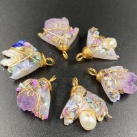 Freshwater Pearl Pendants, Resin, with pearl & Gemstone & Amethyst & Iron, gold color plated & Unisex 