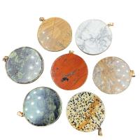 Gemstone Brass Pendants, Natural Stone, with Brass, Round, gold color plated & Unisex 50mmx3-4mm 