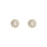 Cubic Zirconia Micro Pave Brass Earring, with ABS Plastic Pearl, 925 thailand sterling silver post pin, real gold plated, fashion jewelry & for woman & with cubic zirconia, golden 