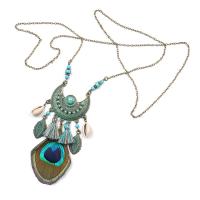 Zinc Alloy Sweater Chain Necklace, with Peacock Feather & Shell, fashion jewelry & for woman, multi-colored cm 