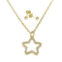 Fashion Stainless Steel Jewelry Sets, Stud Earring & necklace, with Brass, stainless steel post pin, Star, gold color plated, micro pave cubic zirconia & for woman Approx 19 Inch 