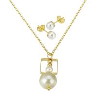 Natural Freshwater Pearl Jewelry Sets, Stainless Steel, Stud Earring & necklace, with Plastic Pearl & Brass, stainless steel post pin, gold color plated, for woman Approx 19.4 Inch 