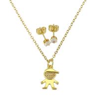 Cubic Zirconia Stainless Steel Jewelry Sets, Stud Earring & necklace, with Brass, stainless steel post pin, Boy, gold color plated, micro pave cubic zirconia & for woman Approx 19 Inch 