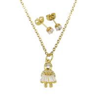 Cubic Zirconia Stainless Steel Jewelry Sets, Stud Earring & necklace, with Brass, stainless steel post pin, Girl, gold color plated, micro pave cubic zirconia & for woman 