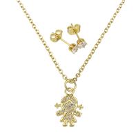Cubic Zirconia Stainless Steel Jewelry Sets, Stud Earring & necklace, with Brass, stainless steel post pin, Girl, gold color plated, micro pave cubic zirconia & for woman Approx 18.8 Inch 