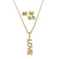 Cubic Zirconia Stainless Steel Jewelry Sets, Stud Earring & necklace, with Brass, stainless steel post pin, Alphabet Letter, gold color plated, micro pave cubic zirconia & for woman Approx 19 Inch 
