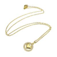 Cubic Zircon Micro Pave Brass Necklace, with stainless steel chain, Flat Round, gold color plated, micro pave cubic zirconia & for woman & hollow Approx 19 Inch 