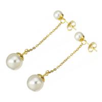 Stainless Steel Drop Earring, with Plastic Pearl, gold color plated, for woman, 48mm 
