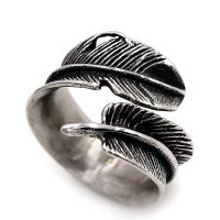 316L Stainless Steel Cuff Finger Ring, Feather, gun black plated, for man, 9mm 