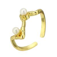Brass Cuff Finger Ring, with Plastic Pearl, gold color plated, Adjustable, US Ring 