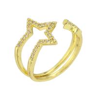 Brass Cuff Finger Ring, gold color plated, Adjustable & micro pave cubic zirconia & hollow 