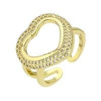 Brass Cuff Finger Ring, Heart, gold color plated, Adjustable & micro pave cubic zirconia & hollow, US Ring 