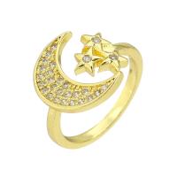 metal Anillo de dedo Cuff, Luna y estrella, chapado en color dorado, Ajustable & micro arcilla de zirconia cúbica, tamaño:7, Vendido por UD