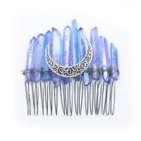 Decorative Hair Combs, Quartz, with Brass, silver color plated, random style & fashion jewelry, mixed colors, 70x52-73mm 