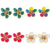 Cubic Zirconia Micro Pave Brass Earring, Flower, gold color plated, micro pave cubic zirconia & enamel 