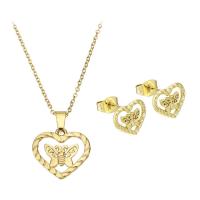Fashion Stainless Steel Jewelry Sets, Stud Earring & necklace, Heart, gold color plated, butterfly design & for woman & hollow Approx 17.5 Inch 
