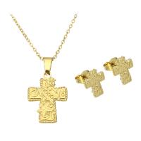 Fashion Stainless Steel Jewelry Sets, Stud Earring & necklace, Cross, gold color plated, for woman Approx 17.5 Inch 