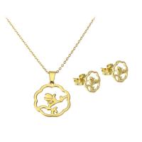 Fashion Stainless Steel Jewelry Sets, Stud Earring & necklace, gold color plated, with flower pattern & for woman & hollow Approx 17.5 Inch 