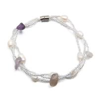 Bracelets de perles en verre  , Seedbead, avec pierre gemme & perle d'eau douce cultivée & alliage de zinc, Placage de couleur argentée, bijoux de mode & multicouche, plus de couleurs à choisir, 6-7mm .5 cm, Vendu par brin
