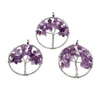 Tree Of Life Pendants, Brass, with Amethyst, Round, mixed colors 