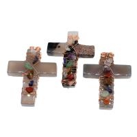 Gemstone Brass Pendants, with Gemstone, Cross, no hole, mixed colors 