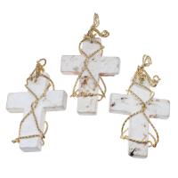 Gemstone Brass Pendants, with Gemstone, Cross, white 
