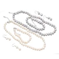 Bijoux de perle d'eau douce naturelle, perle d'eau douce cultivée, Bracelet & boucle d'oreille & collier, avec alliage de zinc, avec 1.97 chaînes de rallonge, Placage de couleur argentée, trois pièces & bijoux de mode, plus de couleurs à choisir, 8-9mm,4mm,18+5cm,43+5cm,, Vendu par fixé