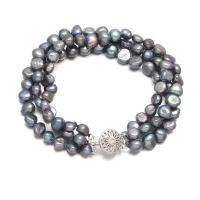 Cultured Freshwater Pearl Brass Bracelet, with Brass, silver color plated, fashion jewelry & multilayer, 7-8mm .27 Inch 