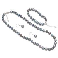 Bijoux de perle d'eau douce naturelle, perle d'eau douce cultivée, Bracelet & boucle d'oreille & collier, avec alliage de zinc, avec 1.97 chaînes de rallonge, Placage de couleur argentée, trois pièces & bijoux de mode, 8-9mm,18.5cm,47cm,3cm, Vendu par fixé
