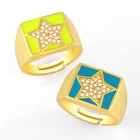 Cubic Zirconia Micro Pave Brass Finger Ring, gold color plated, with star pattern & micro pave cubic zirconia & enamel 13mm 