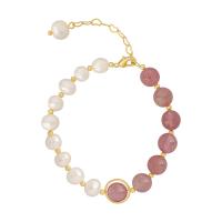 Cultured Freshwater Pearl Brass Bracelet, with Strawberry Quartz & Brass, with 2inch extender chain & for woman Approx 6.7 Inch 