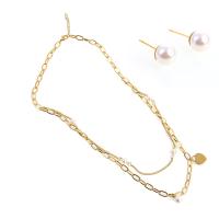 Fashion Stainless Steel Jewelry Sets, Stud Earring & necklace, with Plastic Pearl, with 1.18inch extender chain, gold color plated, for woman, 10*10*20mm,15*12*2mm Approx 17.72 Inch 